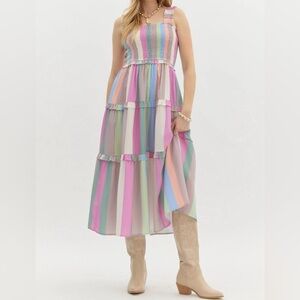 NWT Entro Multicolor Striped Tier Midi Dress